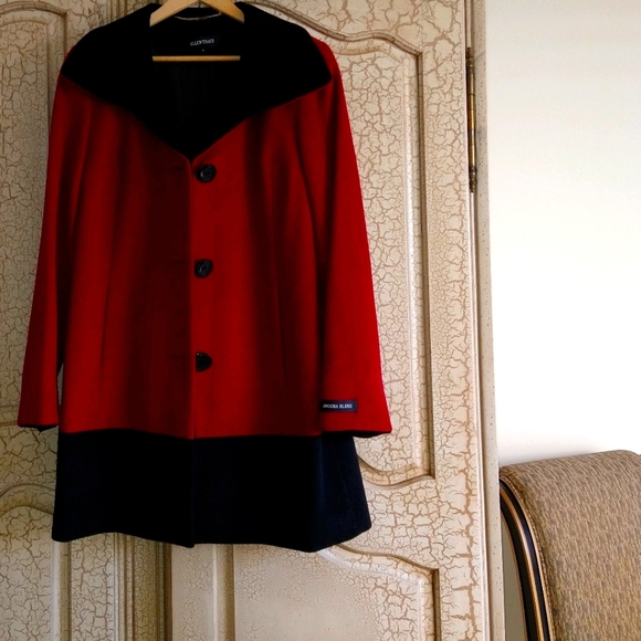 ELLEN TRACY Ladies Size M ANGORA BLEND WINTER CAR COAT Red Black Color Block - Picture 1 of 7